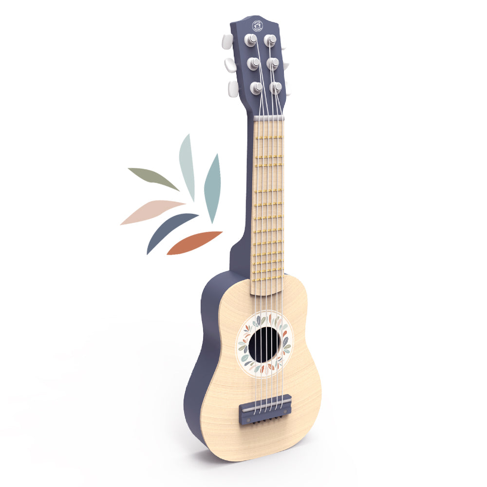 SP50021 Guitar wooden toy guitar with colorful leaf design on a white background.