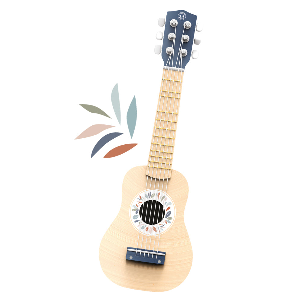 Children’s wooden toy guitar with leaf design on the sound hole, displayed on a white background.