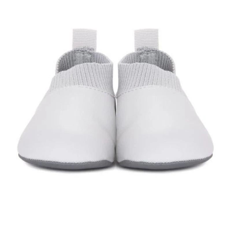 Stonz Yale Grey baby soft sole shoes displayed upright on a white background.