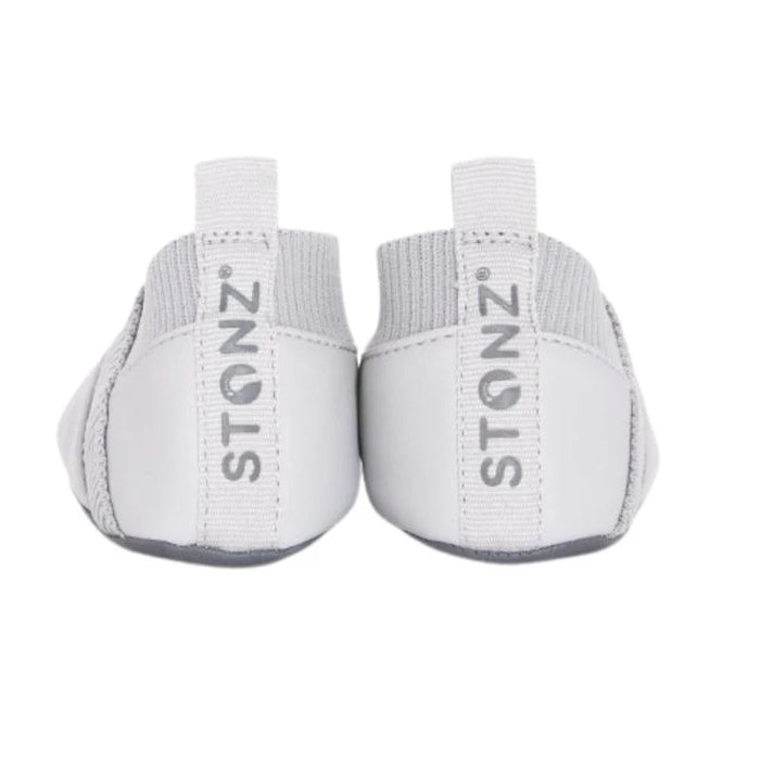 Stonz Yale Grey baby shoes shown from the back, with brand name visible on the heel tabs.