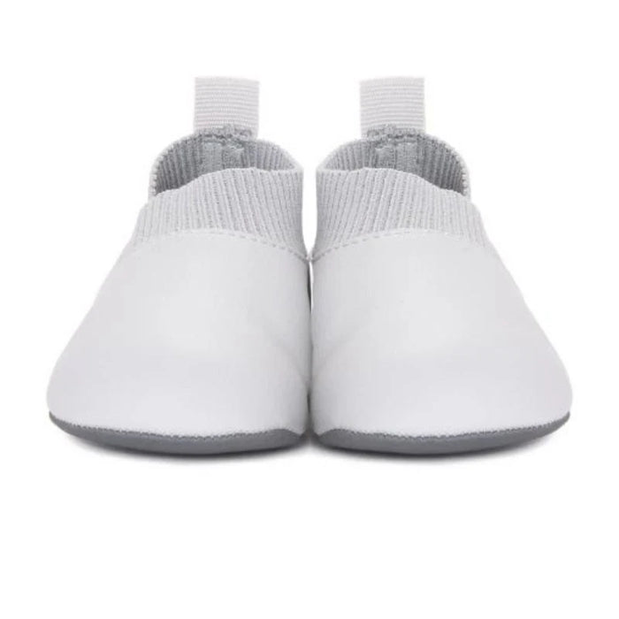 Stonz Yale Grey baby soft sole shoes displayed upright on a white background.