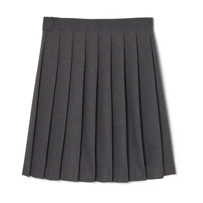 Girls' grey knee-length pleated school uniform skirt, front view on white background