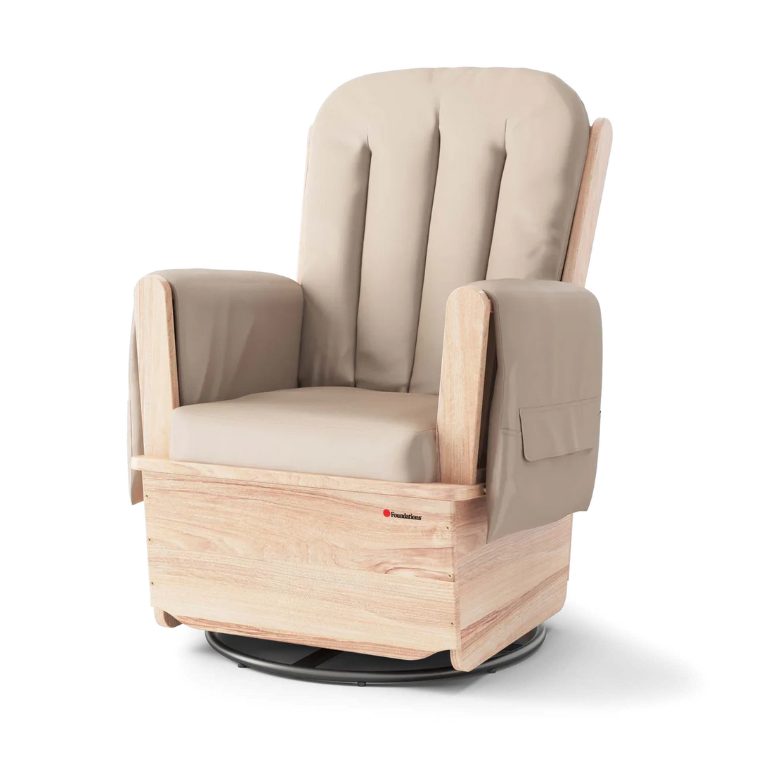 Tan swivel glider chair with wooden base and padded armrests, ideal for daycare or nursery