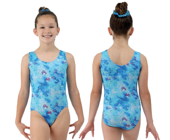 Girls’ blue printed one-piece swimsuit shown front and back on child models standing side by side.