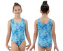 Girls’ blue printed one-piece swimsuit shown front and back on child models standing side by side.