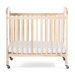 Natural wood daycare crib with clear end panels, slatted sides, and locking caster wheels