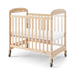 Natural wood clearview crib with mattress and wheels, ideal for daycare or nursery