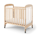Natural wood clearview crib with casters and slatted sides for daycare or nursery use