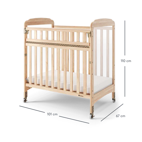 Clearview wooden baby crib with drop-side rail, mesh panels, and wheels, 101x67x95 cm