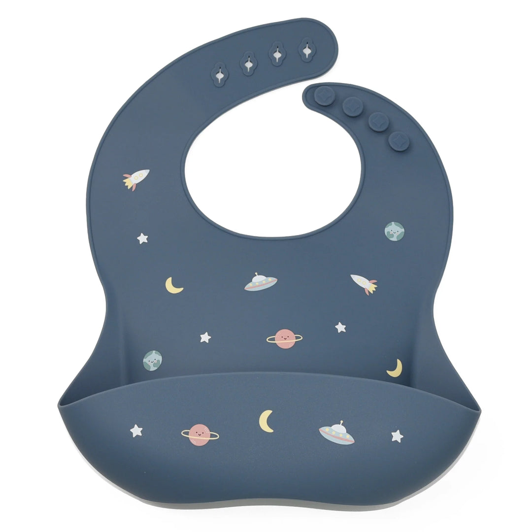 Blue silicone baby bib with space-themed print of planets, rockets, and stars