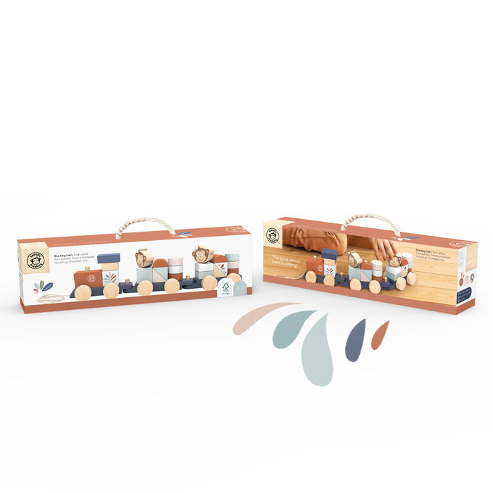 Stacking Train Block Set in packaging, wooden toy train with colorful blocks for toddlers, shown on white background.