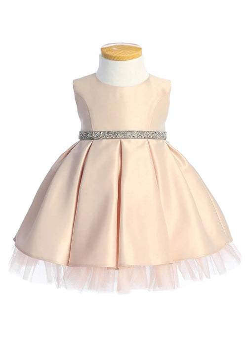 Sweet Kids® Infant Pleated Satin Rhinestone Dress | Style SKB954