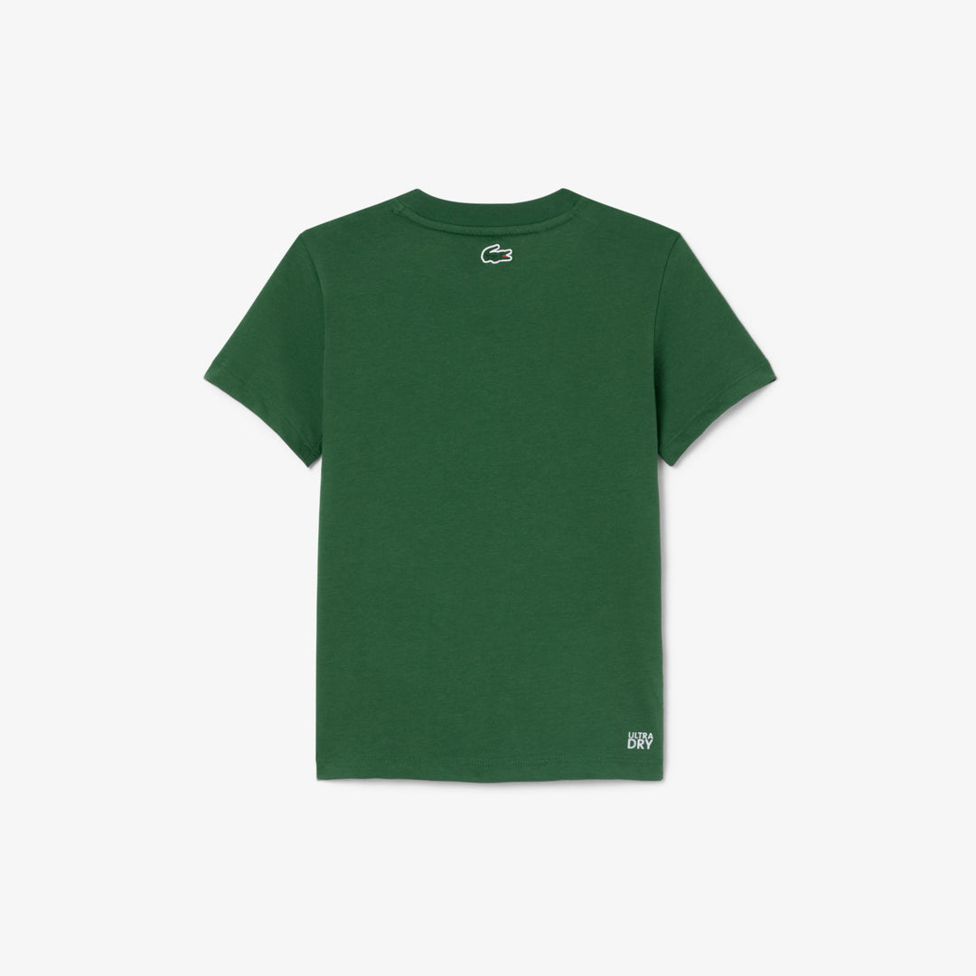 Green short sleeve kids T-shirt shown flat with white logo on the back and Ultra Dry label.
