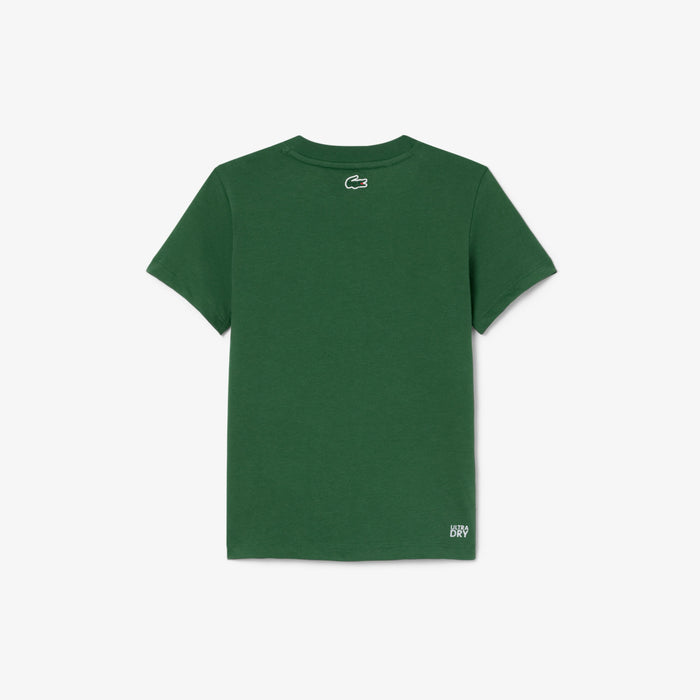 Green short sleeve kids T-shirt shown flat with white logo on the back and Ultra Dry label.