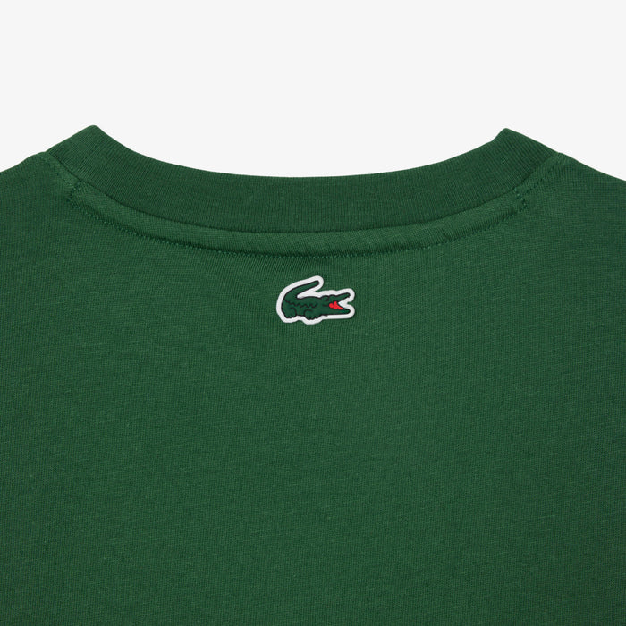 Green crew neck t-shirt with embroidered crocodile logo detail on the back neckline.