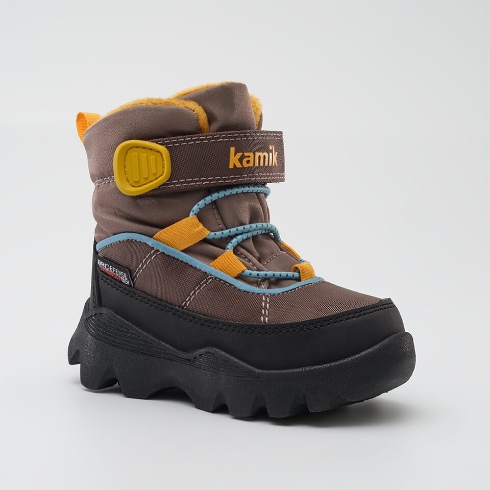 Kids winter boot with brown upper, yellow accents, black sole, and front laces on white background