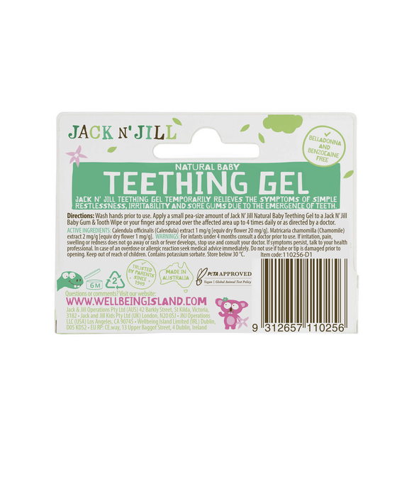 Jack N' Jill Natural Baby Teething Gel package back label with ingredients and usage instructions visible.