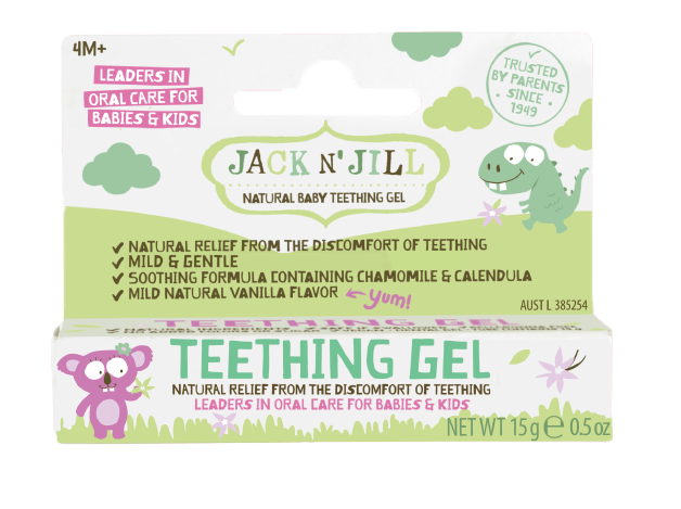 Jack N’ Jill Natural Baby Teething Gel box with colorful illustrations and product details on front.