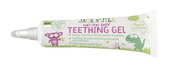 Jack N' Jill Natural Baby Teething Gel tube shown on a pink background with cartoon characters.