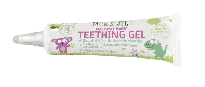 Jack N' Jill Natural Baby Teething Gel tube shown on a pink background with cartoon characters.