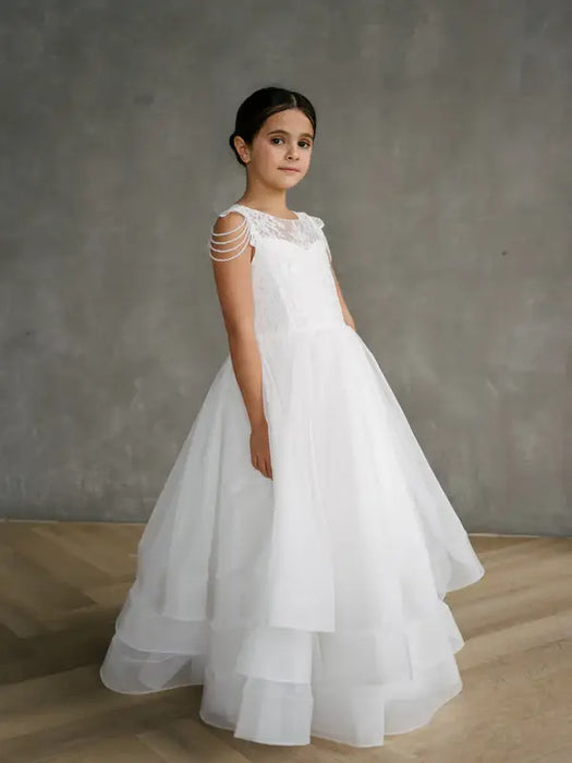 Teter Warm Lorelai Pearl Communion Dress shown on a young girl standing against a plain background.