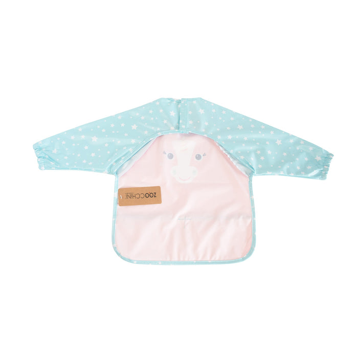 Toddler sleeved bib smock with blue star pattern and cute unicorn face design