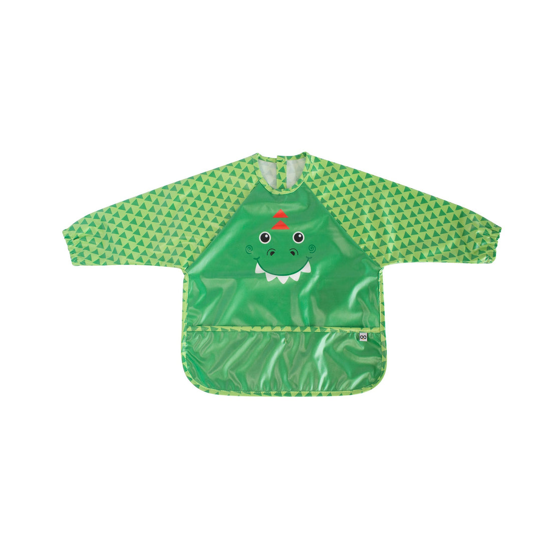 Green toddler sleeved bib smock with dinosaur print and triangle pattern sleeves