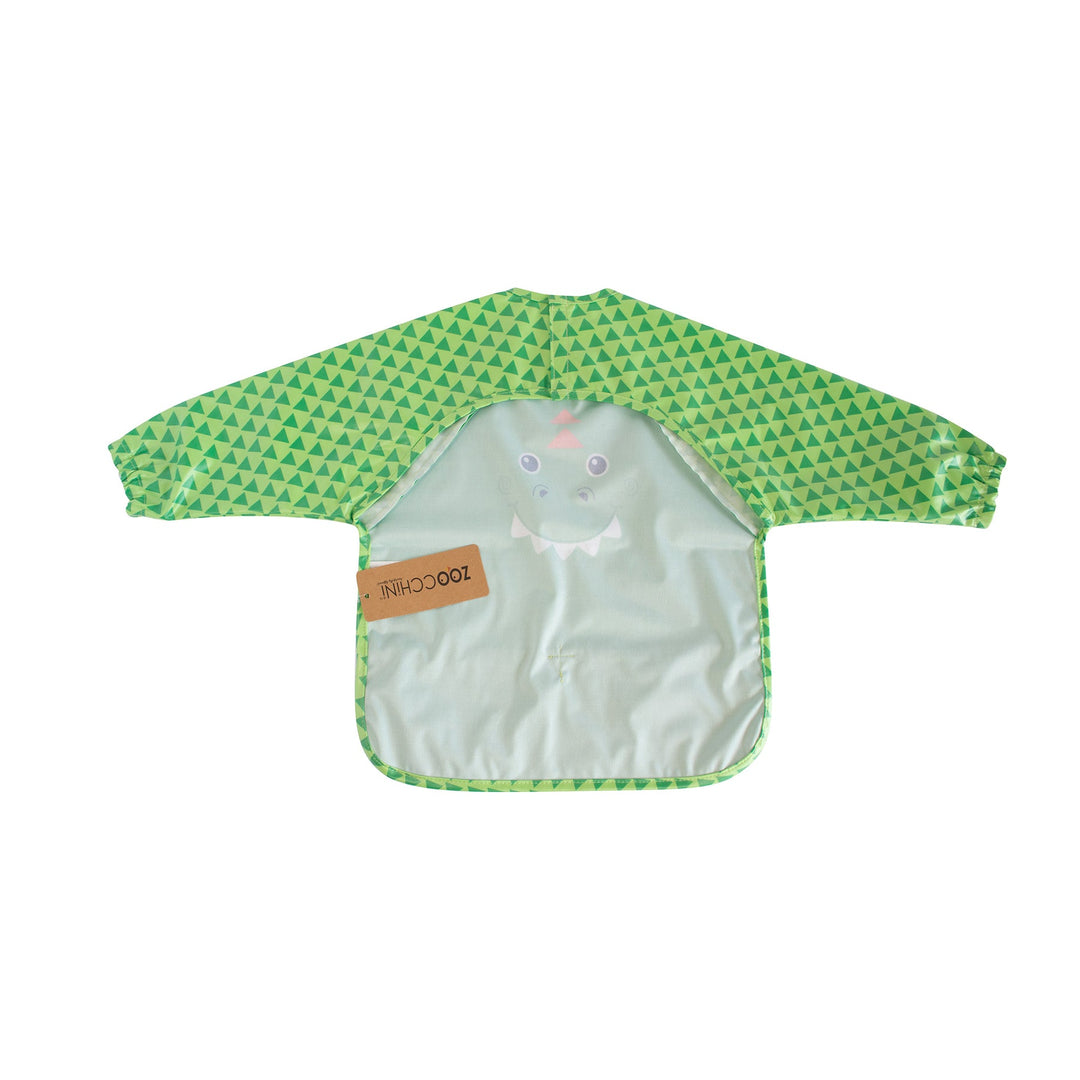 Green toddler sleeved bib smock with dinosaur print and triangle pattern sleeves