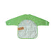 Green toddler sleeved bib smock with dinosaur print and triangle pattern sleeves