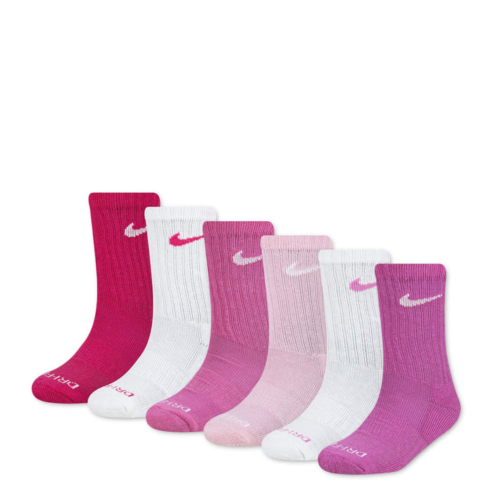 Nike kids' crew socks in assorted pink, white, and purple colors arranged side by side on a white background.