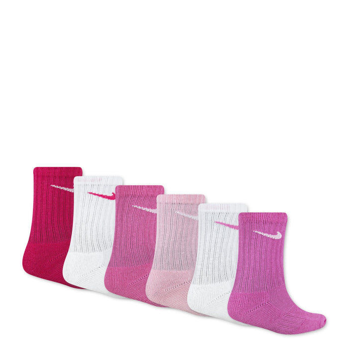 Nike Kids' crew socks in assorted pink and white colors displayed in a row on a white background.