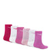 Nike Kids' crew socks in assorted pink and white colors displayed in a row on a white background.