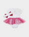 White baby onesie with pink tulle tutu skirt and matching headband laid flat on a white background.