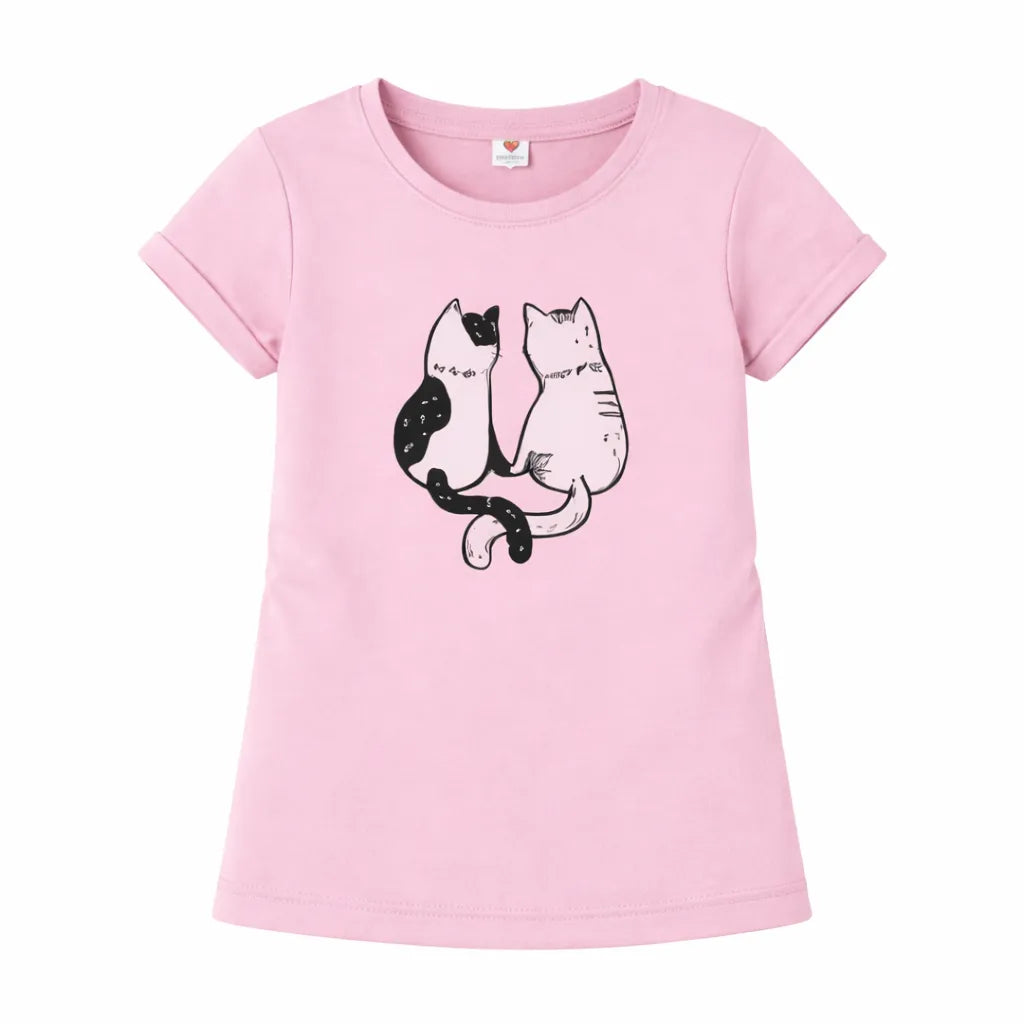 Girls pink t-shirt with two cat graphic print displayed flat against a white background.