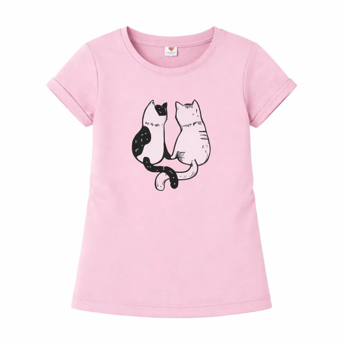 Girls pink t-shirt with two cat graphic print displayed flat against a white background.