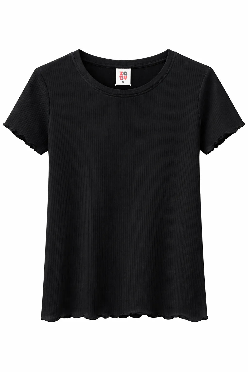 Zbaby crew neck t-shirt in black ribbed fabric displayed on a plain white background.