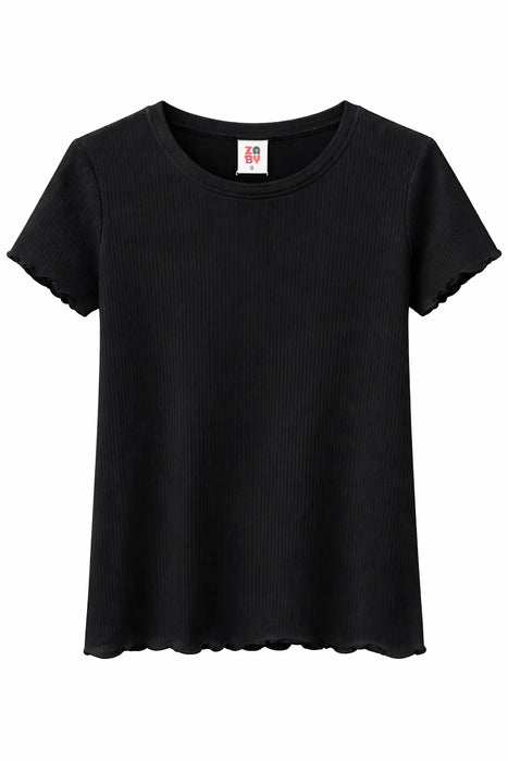 Zbaby crew neck t-shirt in black ribbed fabric displayed on a plain white background.