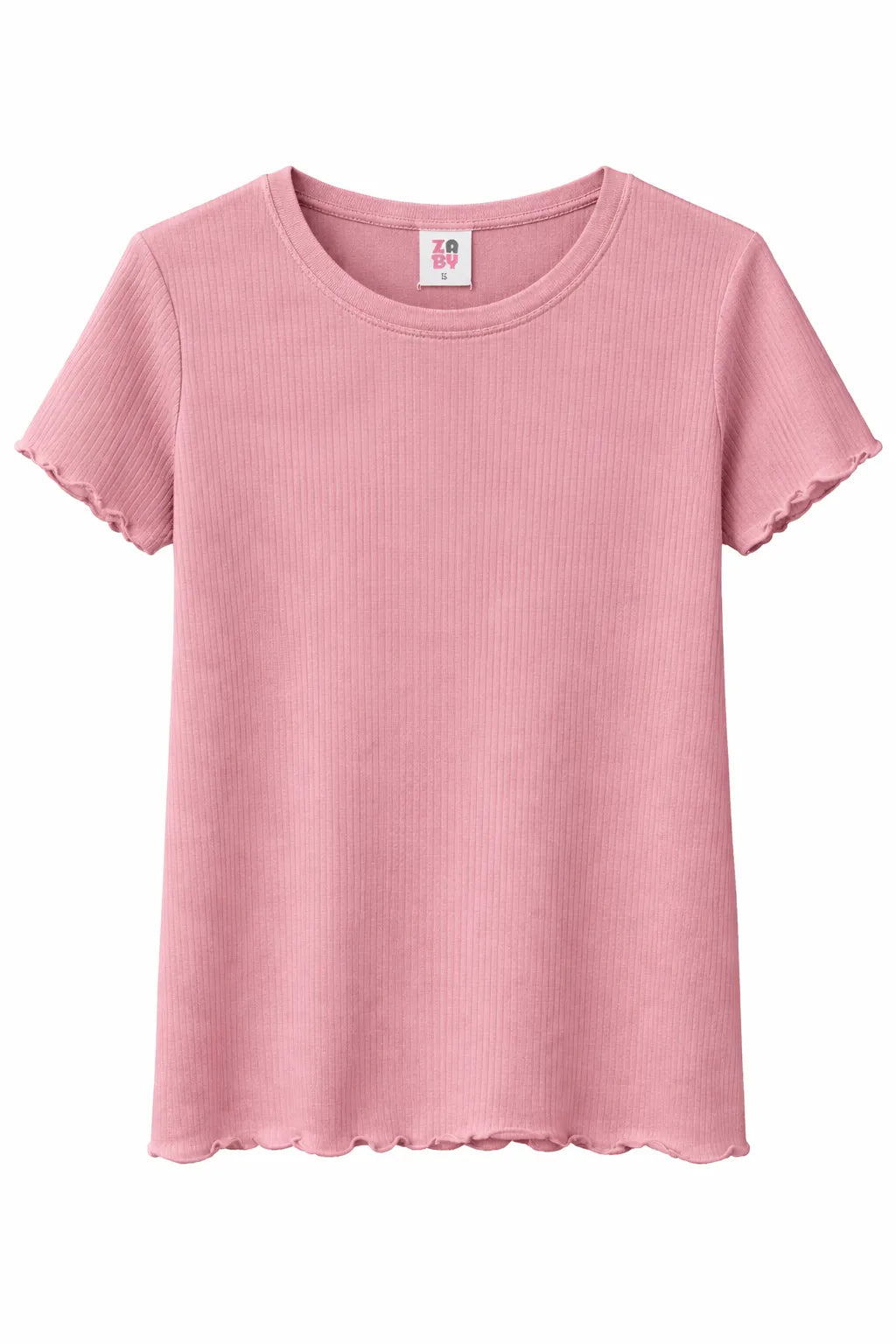 Zbaby crew neck t-shirt in pink, short sleeves with ribbed texture, shown on white background.