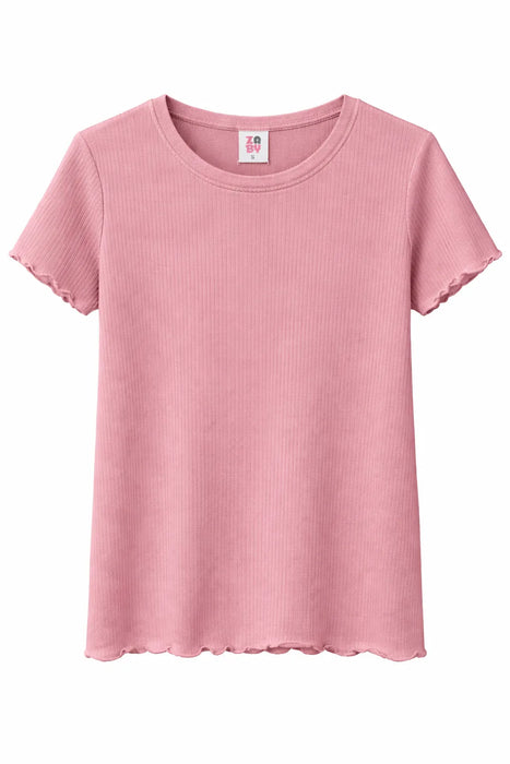 Zbaby crew neck t-shirt in pink, short sleeves with ribbed texture, shown on white background.