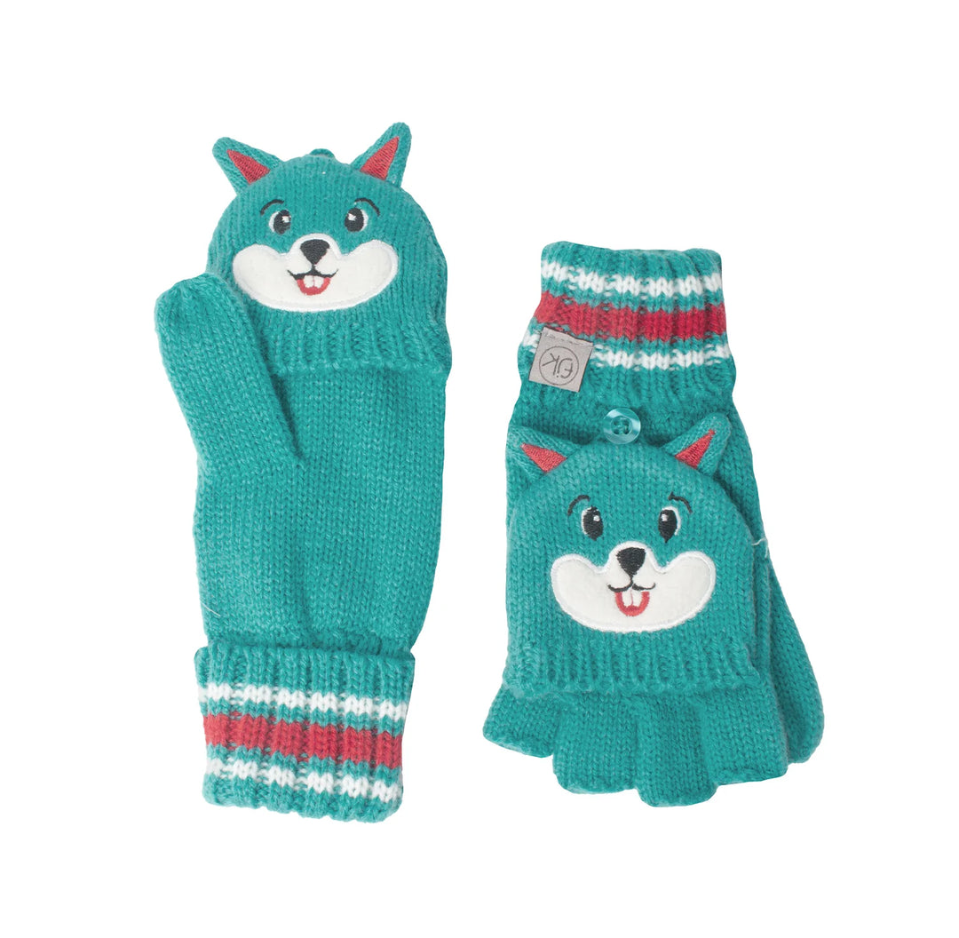 Kids teal knit convertible mittens with cute animal face, white and pink stripes, fingerless design