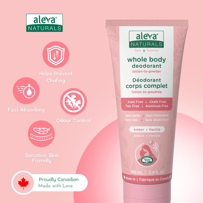 Aleva Naturals whole body deodorant tube displayed upright on a pink background with product benefits.