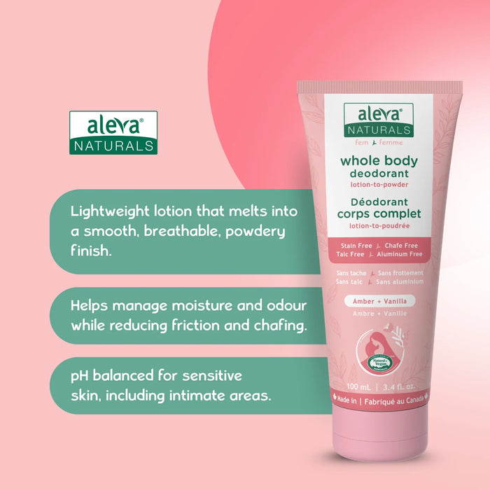 Aleva Naturals whole body deodorant lotion-to-powder tube displayed on a pink background.