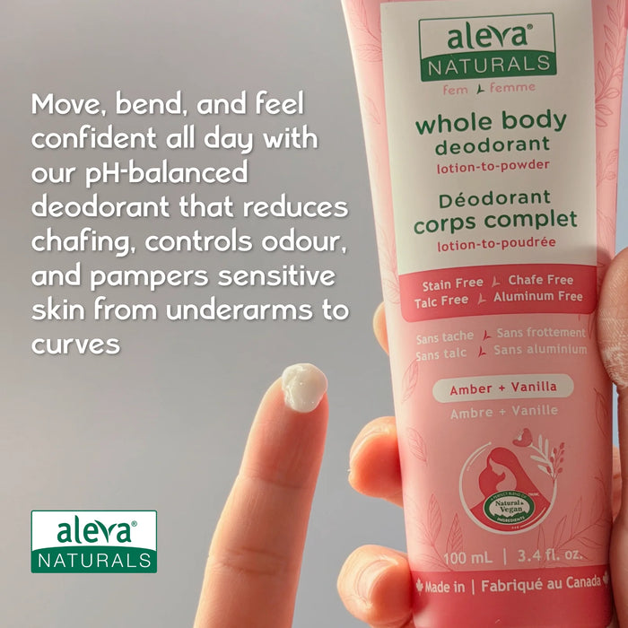 Aleva Naturals whole body deodorant tube held in hand, with a dab of lotion on fingertip in front.