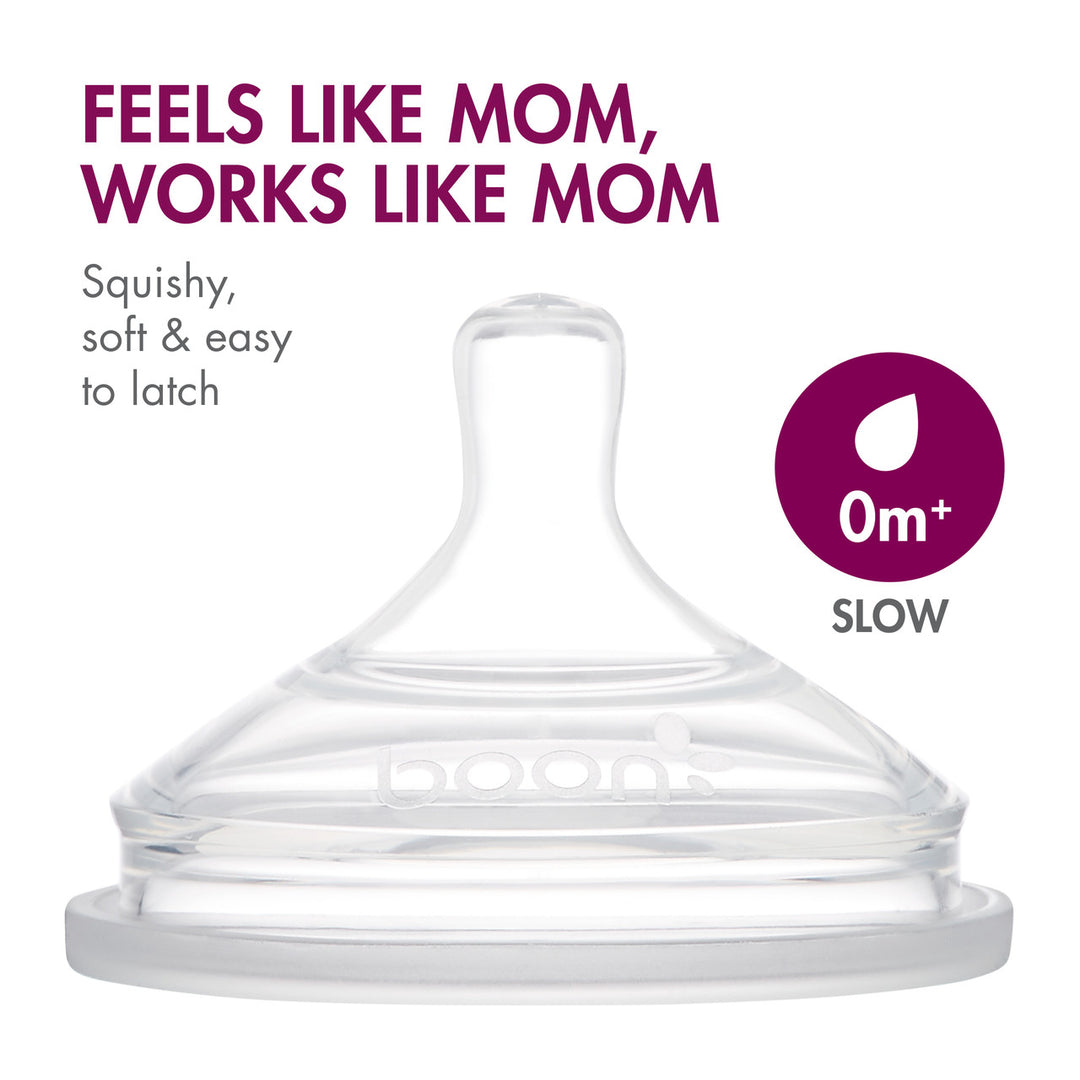 Clear silicone baby bottle nipple, slow flow, squishy and soft for newborns, 0 months plus.