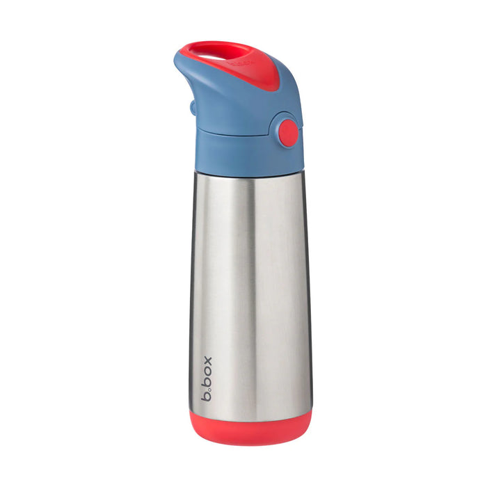 b.box insulated stainless steel drink bottle with blue and red lid shown upright on a white background.