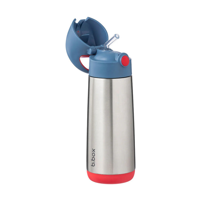 b.box insulated stainless steel drink bottle with blue lid and red base, lid open, on white background.