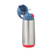 b.box insulated stainless steel drink bottle with blue lid and red base, lid open, on white background.