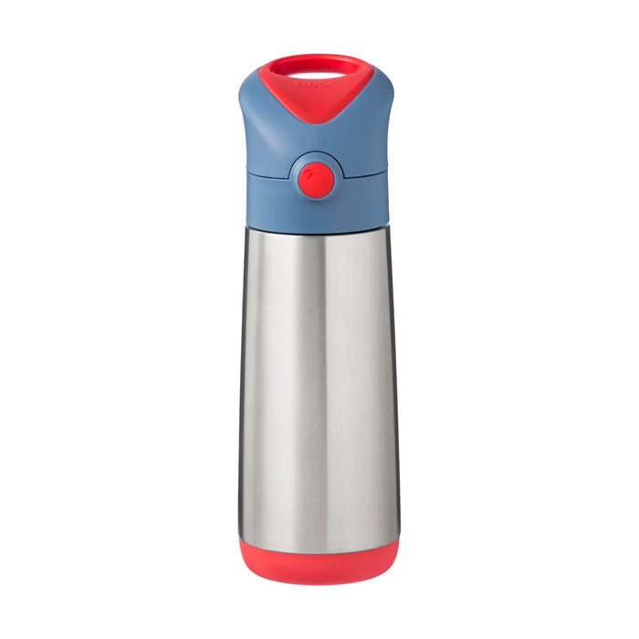 b.box insulated stainless steel drink bottle with blue and red lid on a white background.