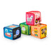 b.box Alpha Skating Soft Blocks sensory toy set of four colorful cubes with playful illustrations on a white background.