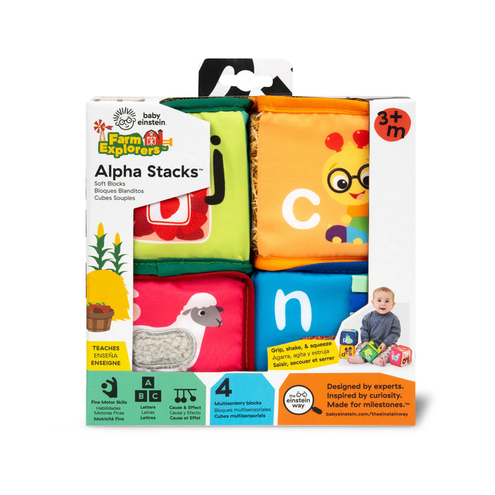 Baby Einstein Alpha Stacks soft blocks in colorful packaging, designed for babies aged 3 months and up.